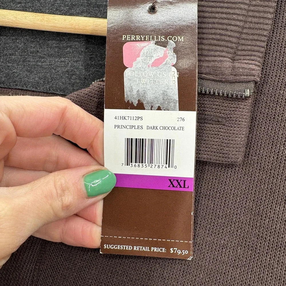 Perry Ellis Sweater Mens 2XL Brown Cotton Blend 1/4 Zip Collared Pullover Pocket - Picture 6 of 13